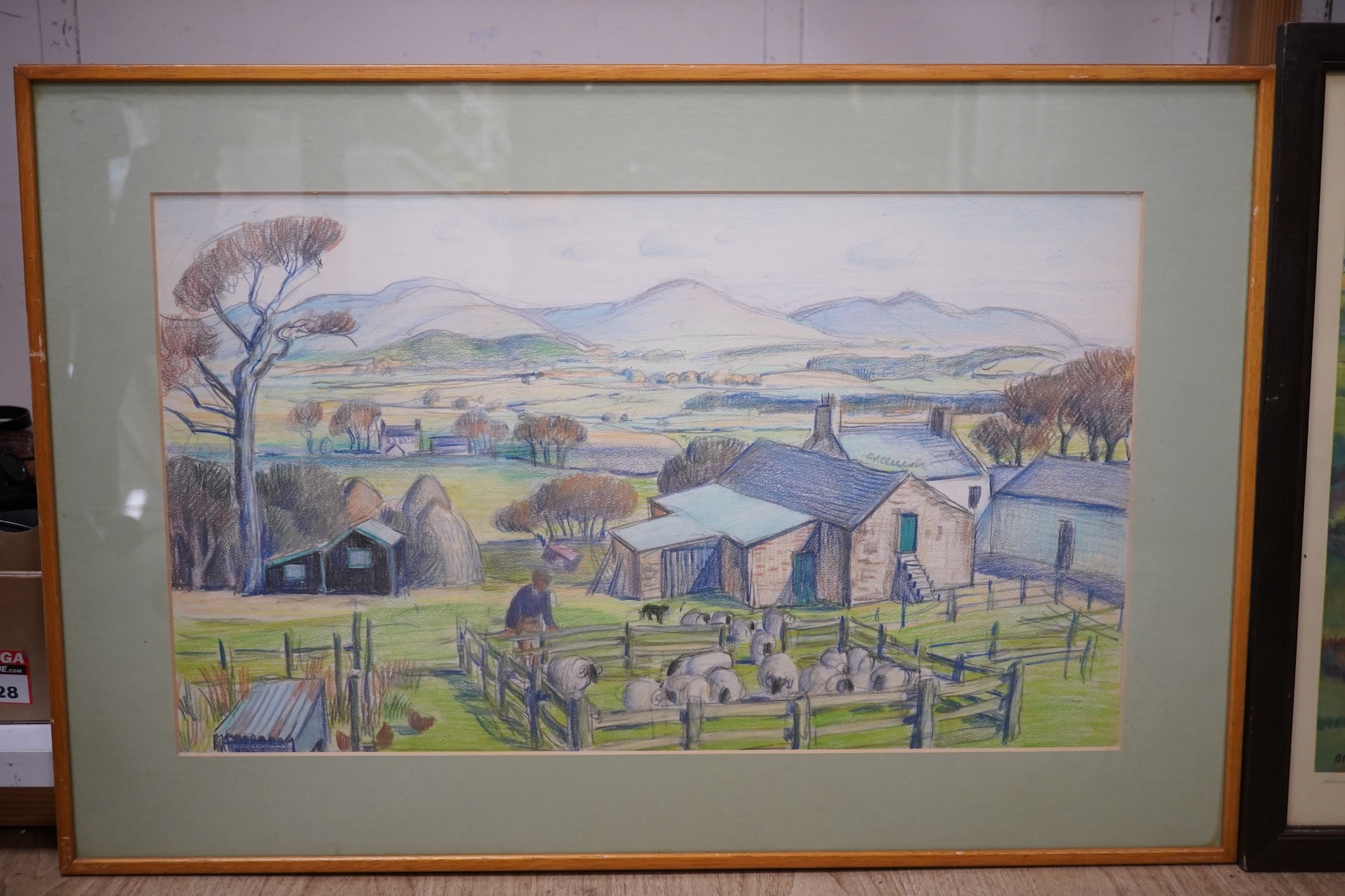 Adrian Paul Allinson ROI (1890-1959), coloured crayon, English landscape, together with a colour print, ‘Cotswold Pattern’, largest 31 x 53cm. Condition - fair to good